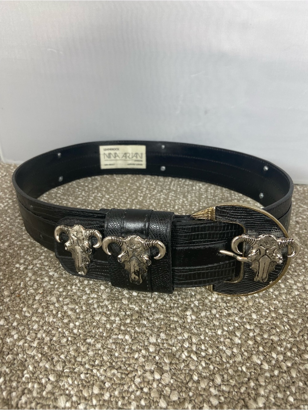 Leatherock Black Leather Western Belt with Ram Head Buckle Accents